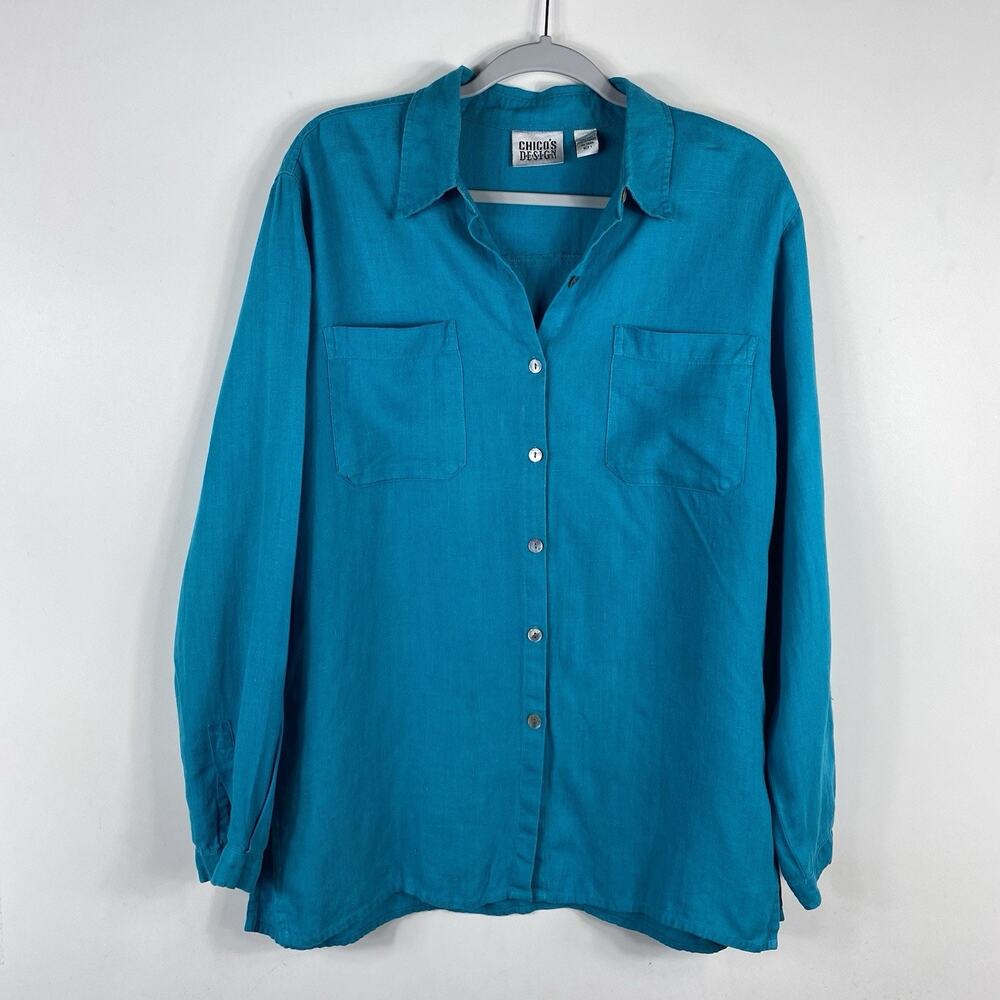Chico's Design Button Shirt Medium 1 8 Blue 100% Linen Long Sleeve Top Pockets